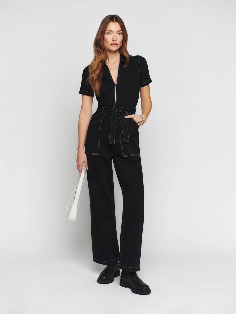 Reformation Black Short-Sleeve Zip Utility Jumpsuit with Self-Tie Belt